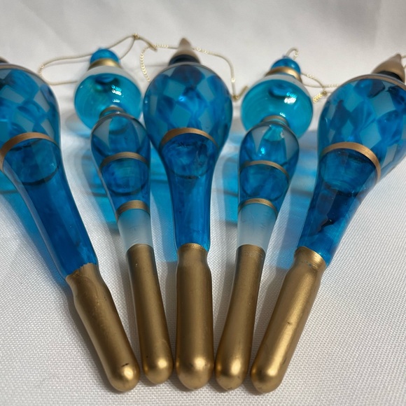 Set of 5 Blue & Gold Glass Ornaments Great Condition - Picture 5 of 6